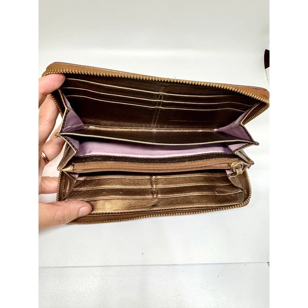 Coach Metallic Bronze Leather Zip Around Buckle Wallet Vintage Y2K Brass Logo